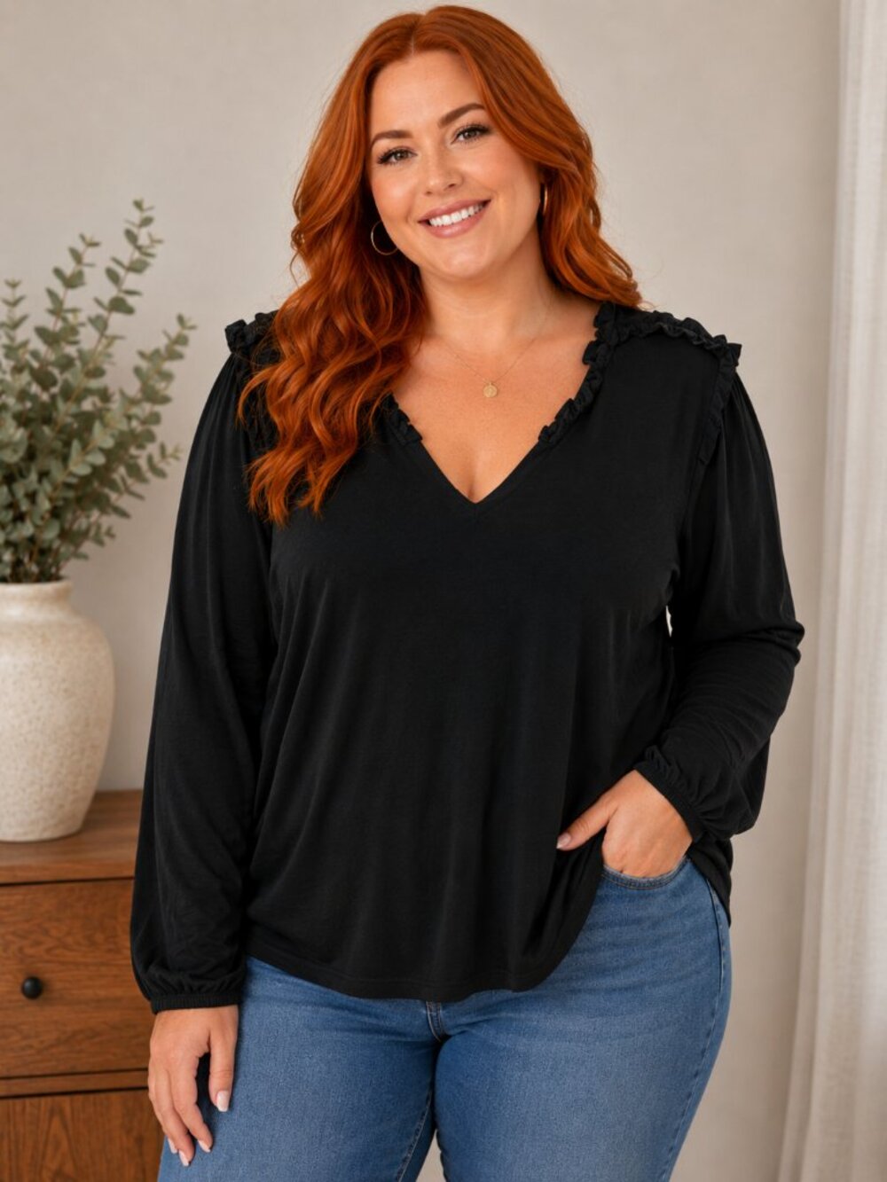 George Women's XL Black Ruffle Trim Long Sleeve V-Neck Top Casual Knit Blouse